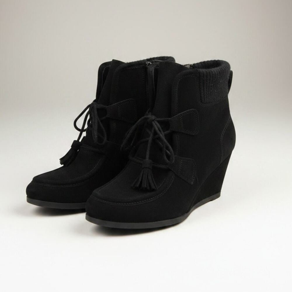 FRANCO SARTO "Westerly" Heeled Tassle Wedge Boots Black Suede - Size 9
